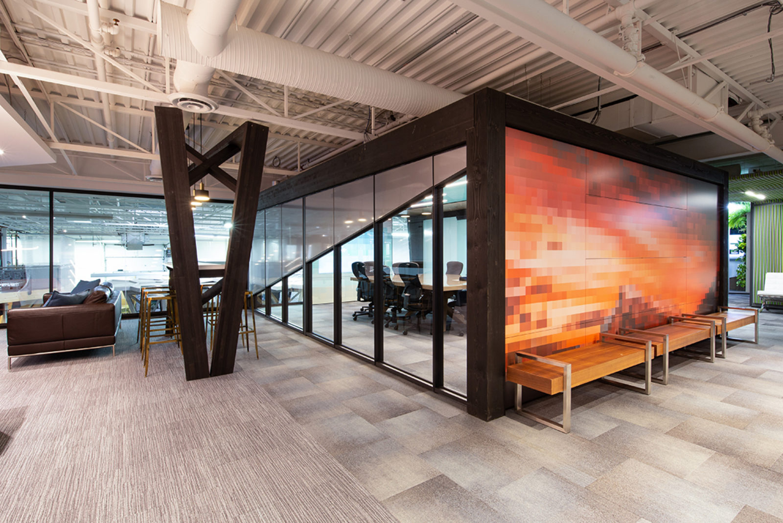 Office interior, industrial feel, DIRTT solution in middle of room, creating a conference room