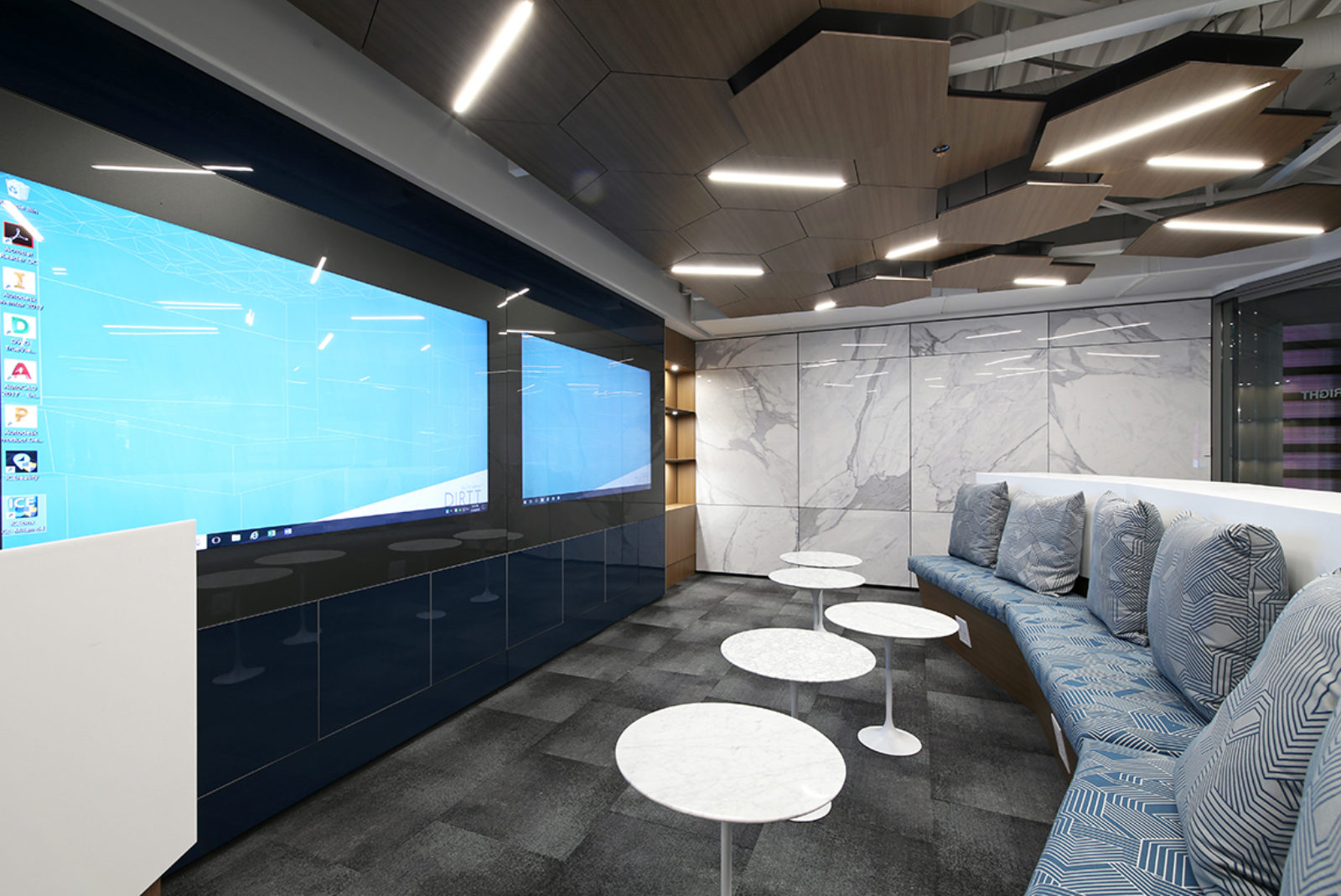 Collaborative space with DIRTT walls with integrated screens and technology, DIRTT ceilings and wall panels