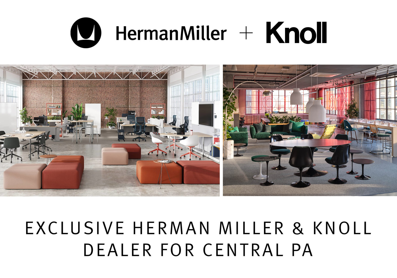 Herman Miller and Knoll logos together, setting of Herman Miller furniture in image on left, setting of Knoll furniture in image on right