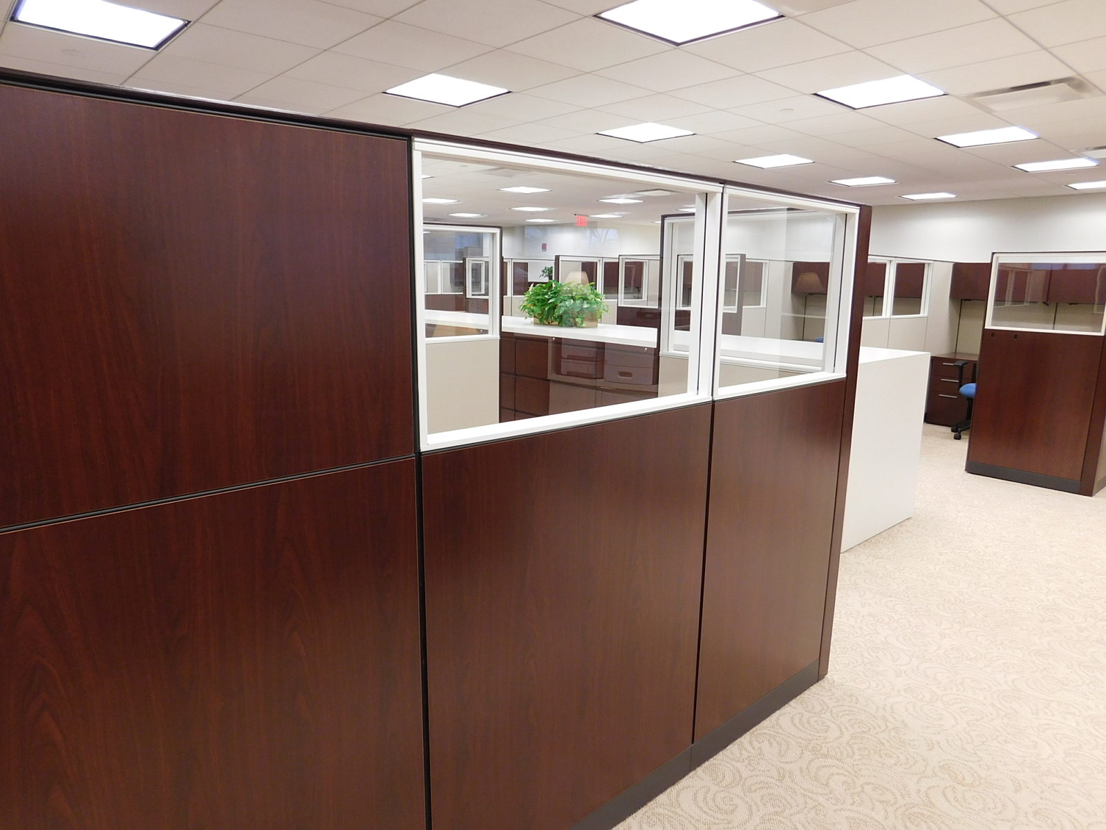 View of exterior of workstations, veneer panels with clear glass stackers