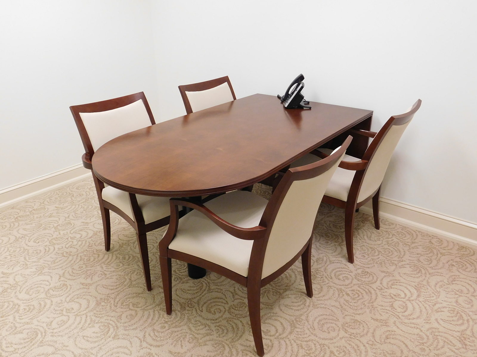 D-top table, cherry wood with 4 white armchairs with wooden frame