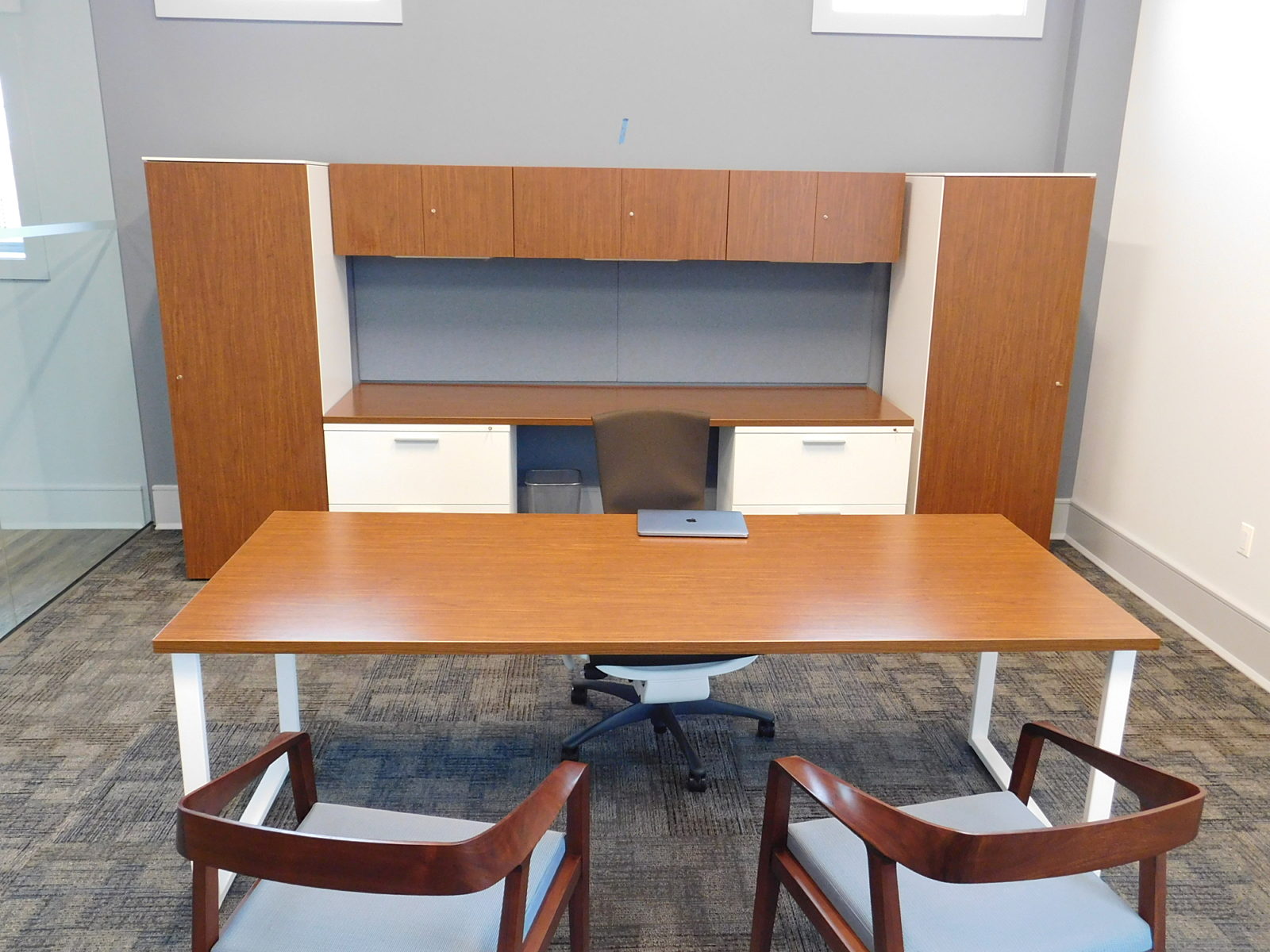 Herman Miller private office, 2-tone with wood and white, table as desk with Crosshatch guest chairs