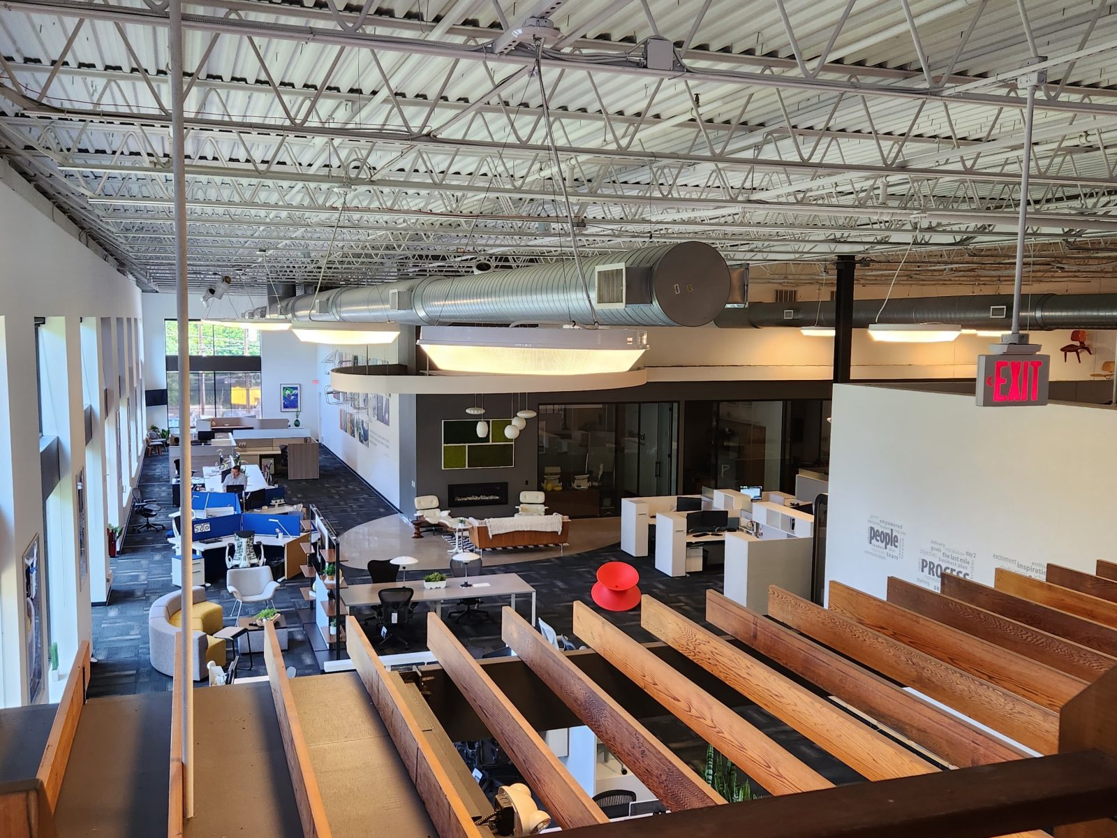 A view of an office from above with modern office furniture.