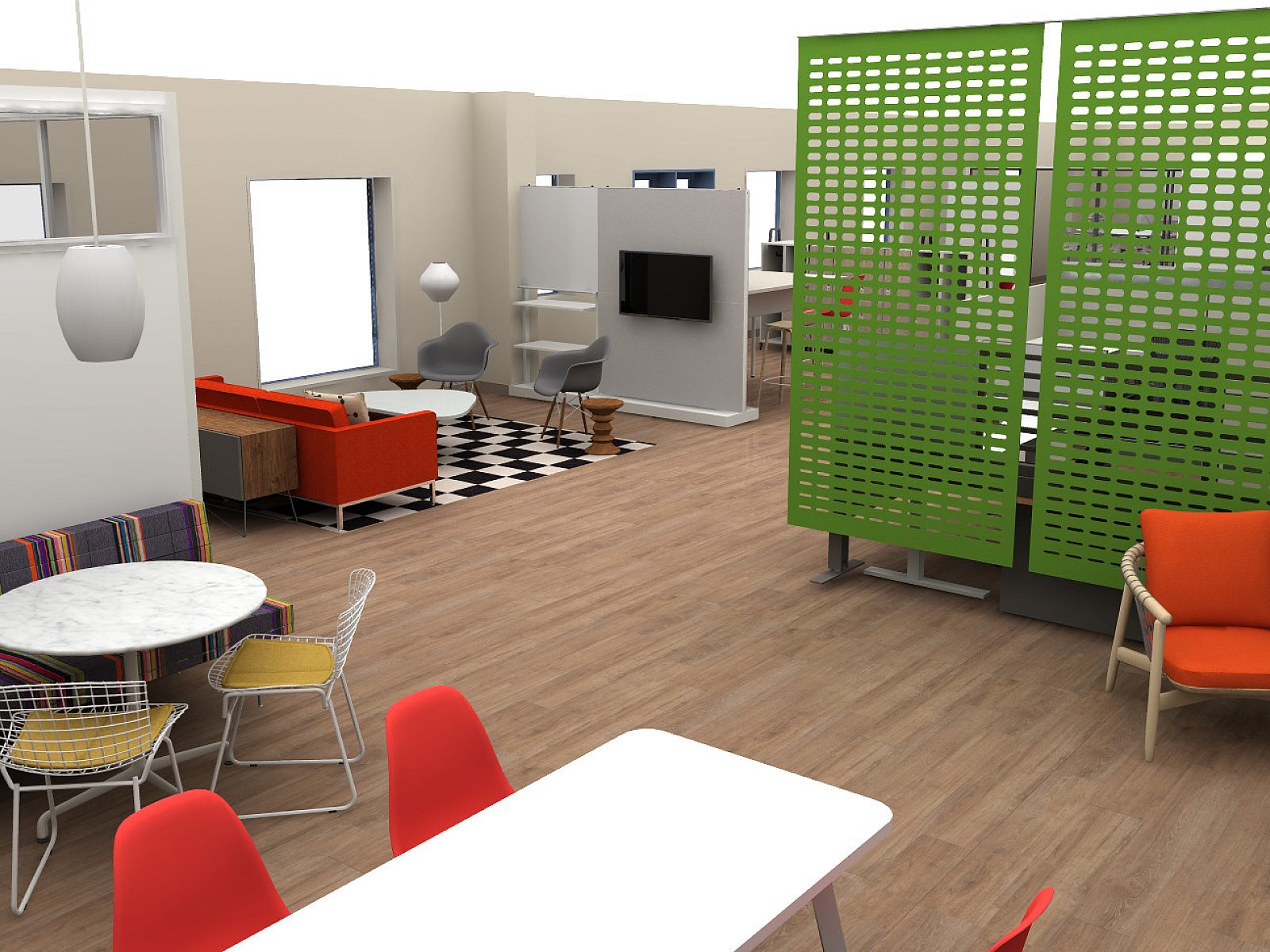 Open space with a mix of collaborative and lounge furniture with pops of red throughout. Green felt screens hang to divide the space.