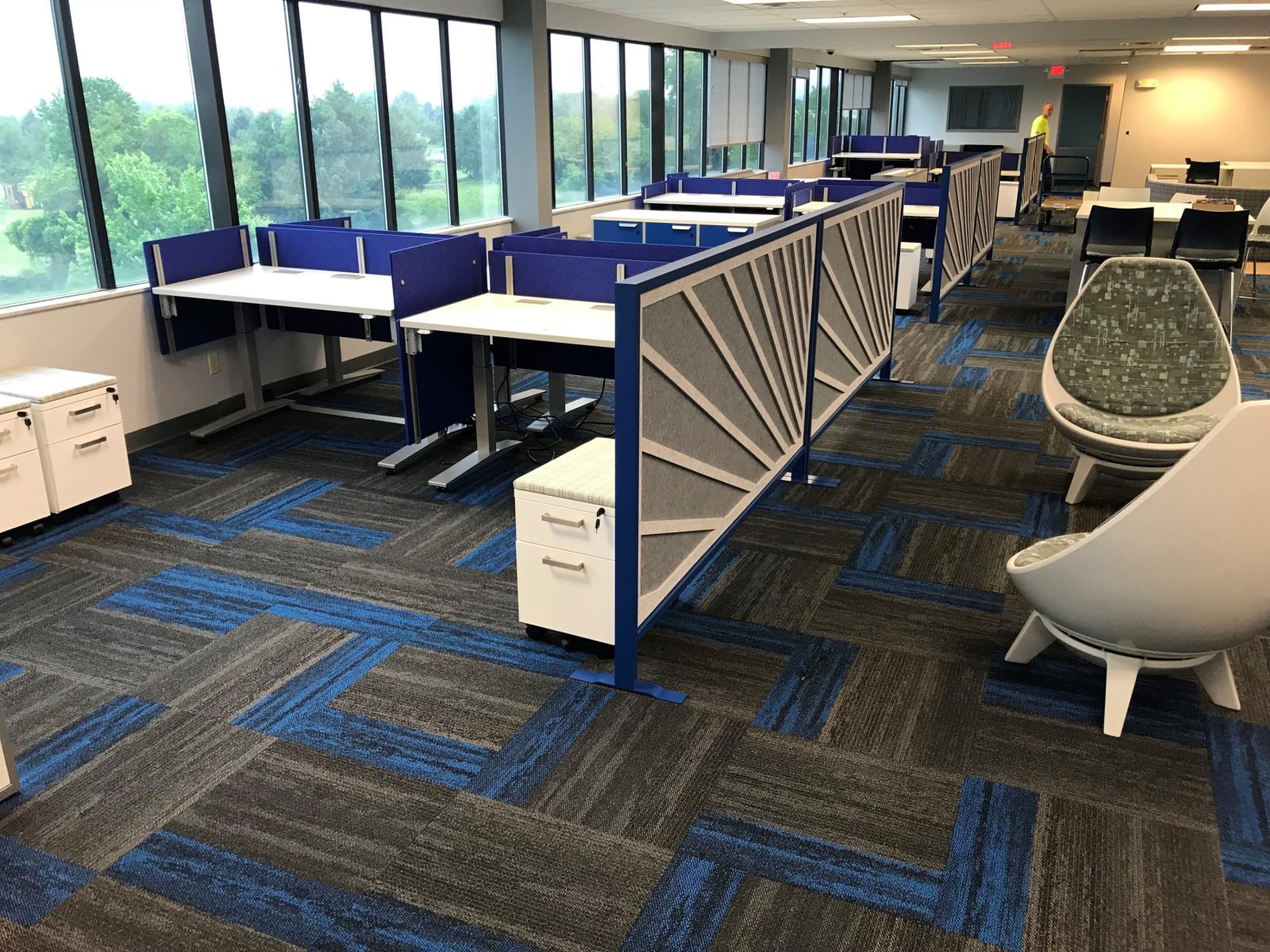 A blue and grey carpeted office with desks and chairs.