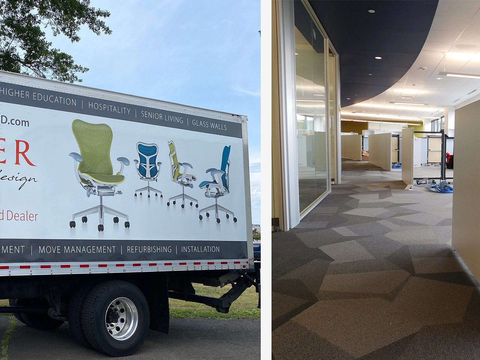 Premier branded truck featuring Mirra 2 chairs on left; Installation picture of workstations being built on the right.