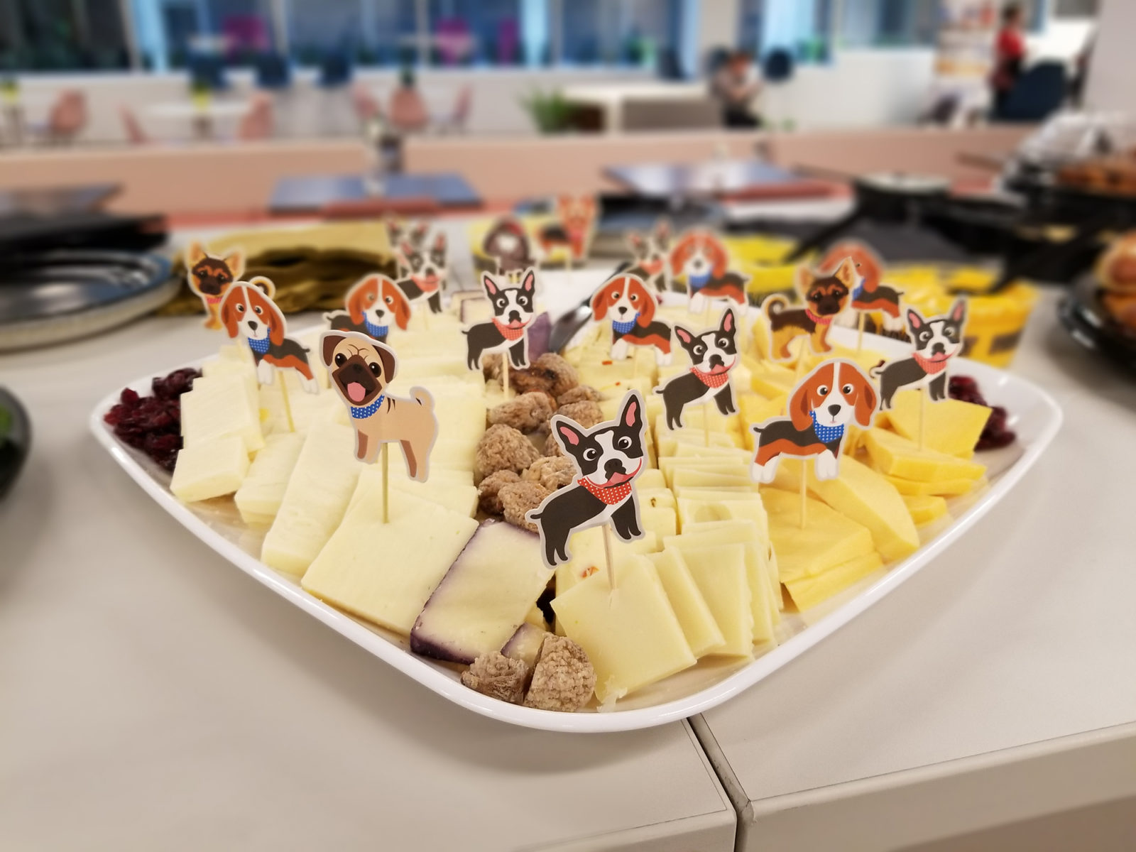 Close up image of a cheese tray with dog-themed toothpicks.