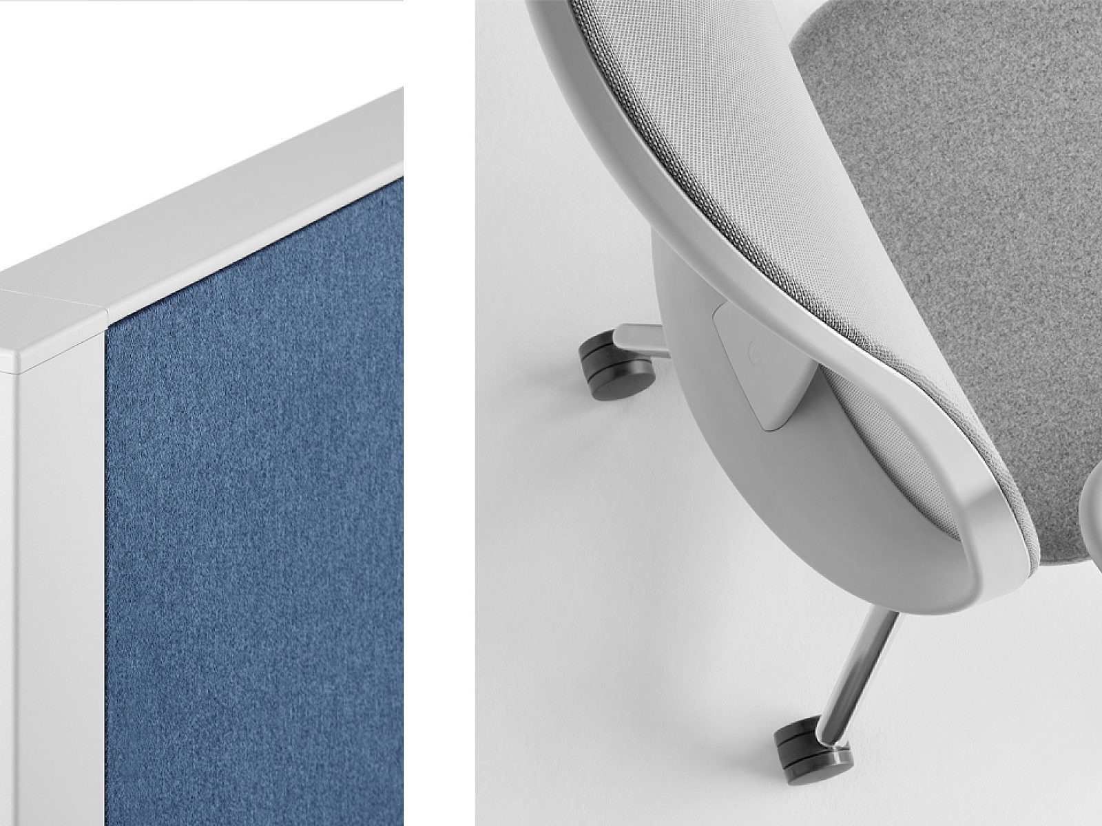 Detailed shot of the corner of a panel, blue fabric and white trim. Grey task chair, view from above.