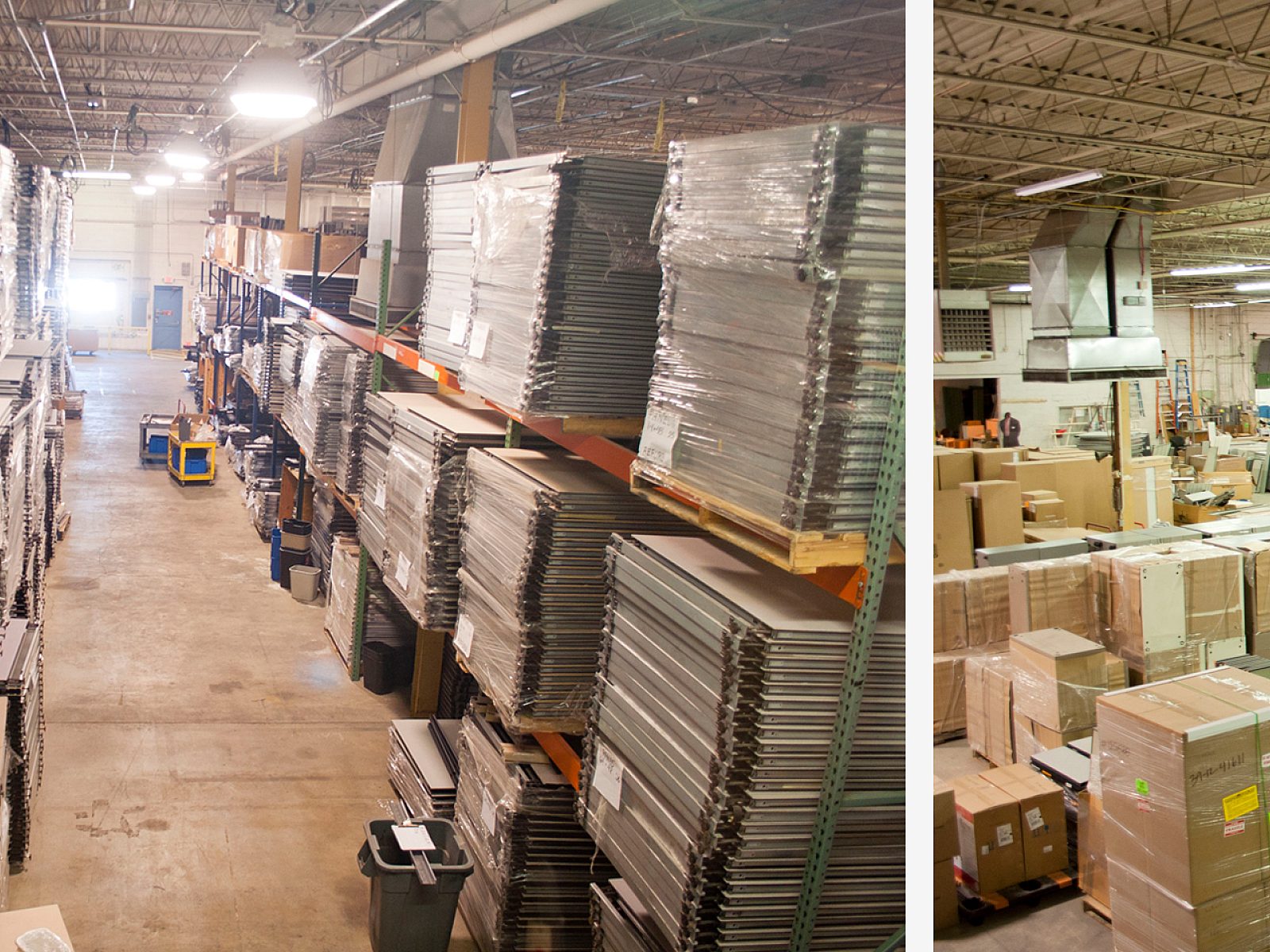 A warehouse full of boxes, pallets, racks with panels and skids.