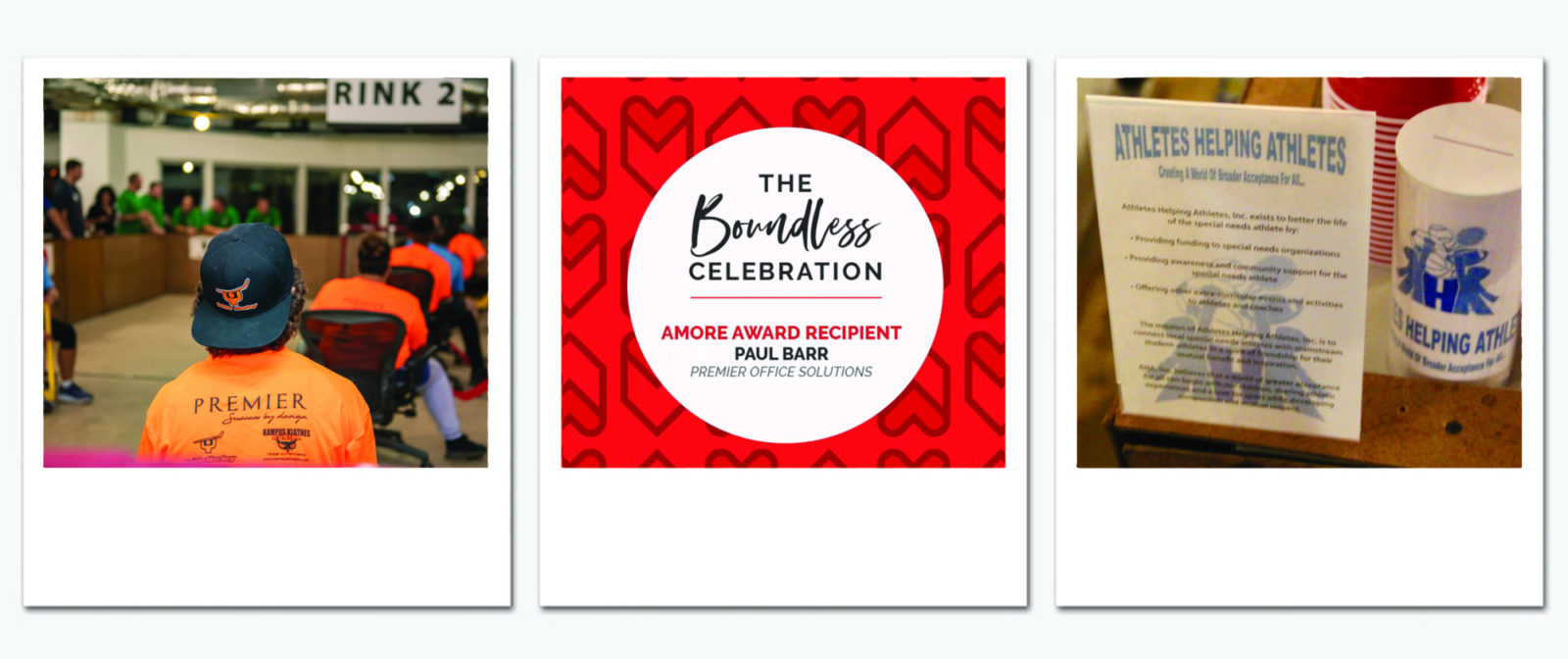 Set of 3 images showing Premier's commitment to giving back: Snider Hockey, Amore Award and Athletes Helping Athletes
