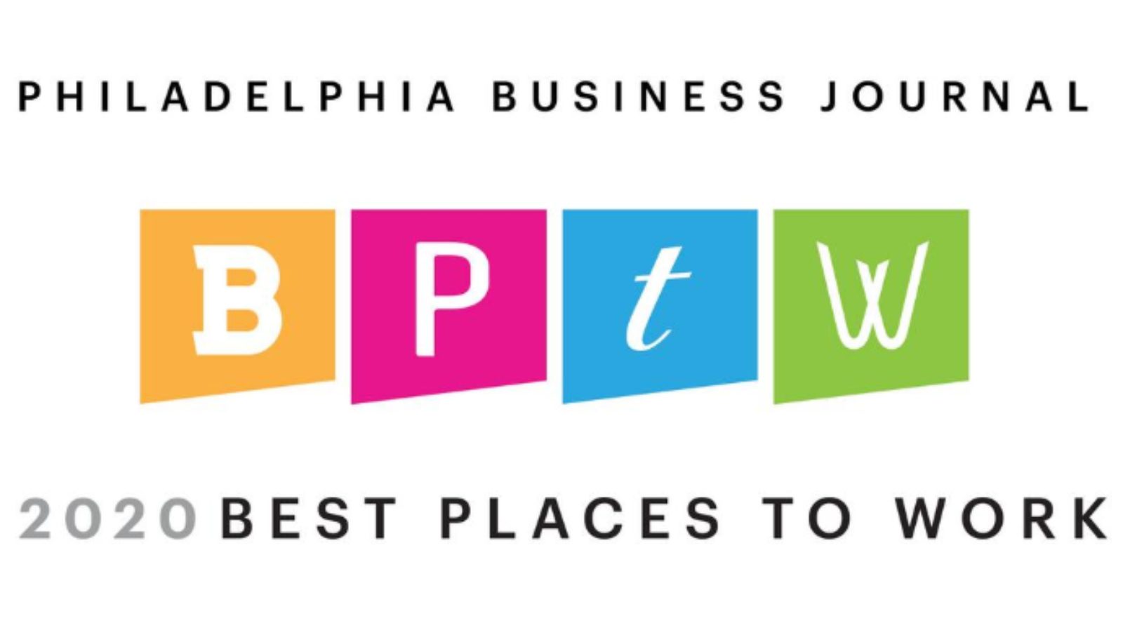 Logo: Philadelphia Business Journal in black text and the letters BPTW in colorful blocks (orange, pink, blue and green)
